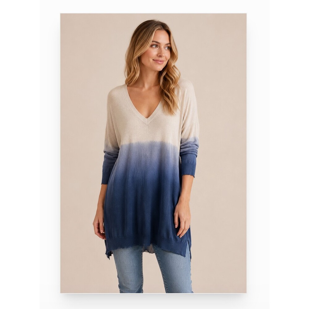 Burning Torch Sweater Tunic Womens Medium Blue Silk Cotton Ombre Dip Dye V Neck